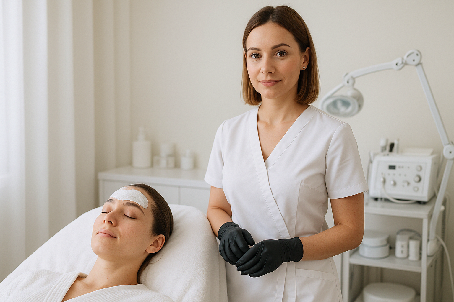esthetician with a client and client is wearing numbing cream on forehead with eyes closed ready for a treatment